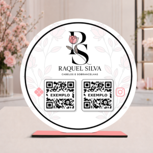 placa de mesa redonda personalizada com qr code e logomarca